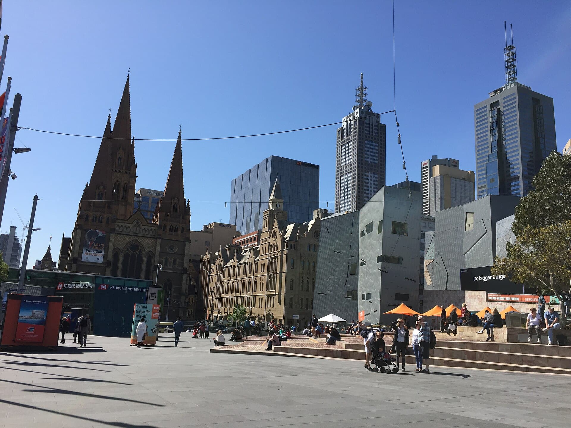 Federation Square in Melbourne, with its faceted buildings and open civic forecourt.
